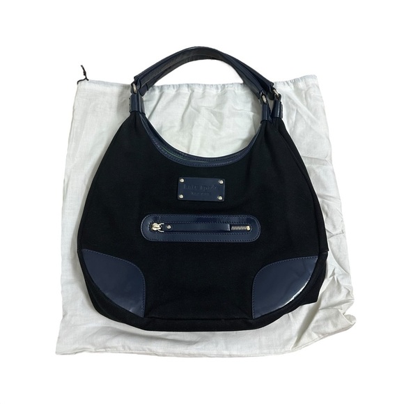 Kate Spade Purse Shoulder Bag Round Navy Blue Black Canvas Chic Minimalist - Picture 1 of 8